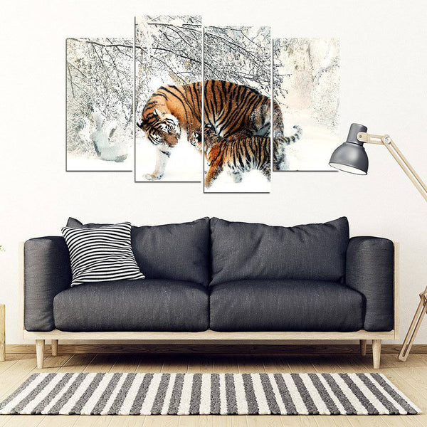 Tigers in Snow 4 Piece Framed Canvas