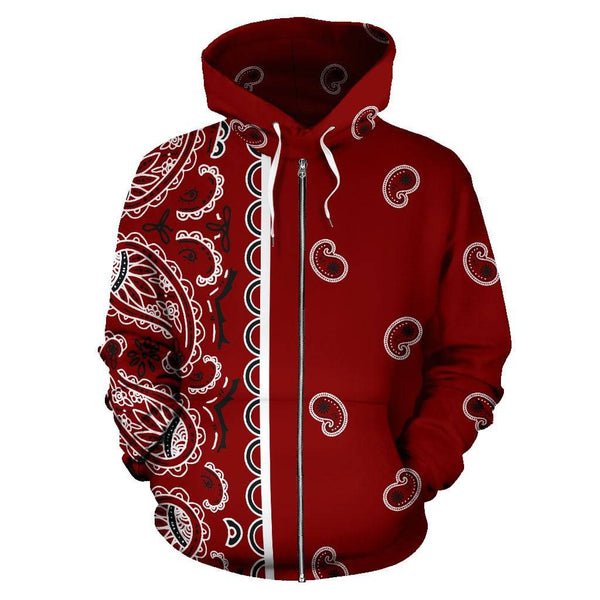 Maroon Red Bandana Asymmetrical Zip Hoodie