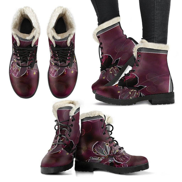 Floral Embosses: Pictorial Cherry Blossoms 01-04 Faux Fur Leather Boots